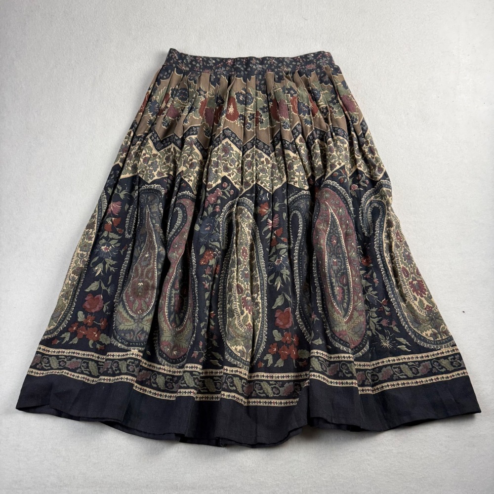 Vintage Paisley Floral Pleated Midi Skirt Boho Earth Tone Dark Navy Size 10